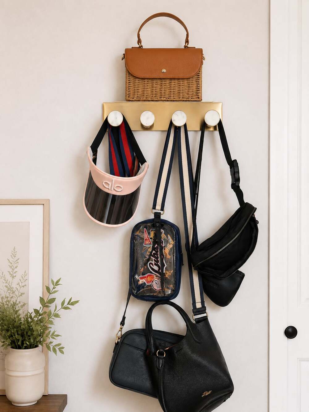 Threshold Brass and White Marble 4-Hook Wall Shelf Rack